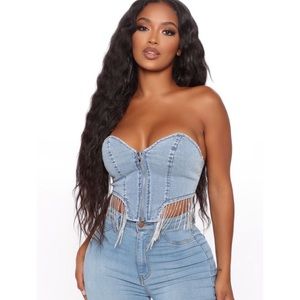NWT Denim Rhinestones Fringe Bustier